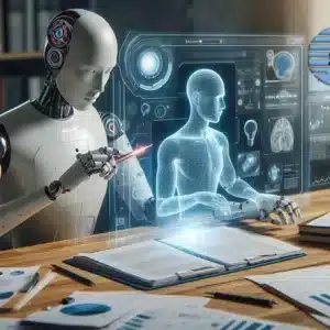 Crea una imagen futurista con un robot humanoide representando la inteligencia artificial realizando copia