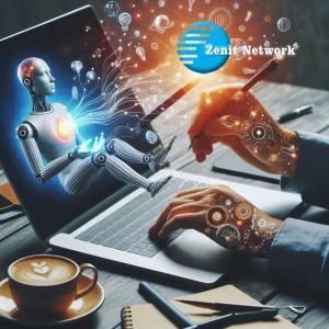 Ejemplo de creatividad con IA mostrando a una persona usando inteligencia artificial para generar ideas visuales y escritas en su espacio creativo