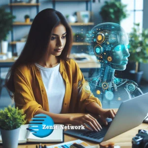 Persona creativa utilizando inteligencia artificial desde su laptop para generar ideas, escribir textos y crear imágenes inspiradoras en su espacio de trabajo diario