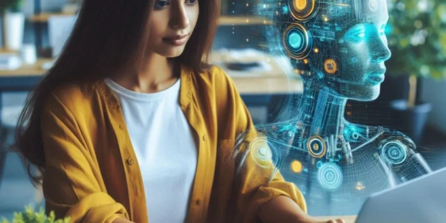 Persona creativa utilizando inteligencia artificial desde su laptop para generar ideas, escribir textos y crear imágenes inspiradoras en su espacio de trabajo diario