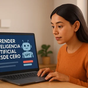 Persona latina aprendiendo inteligencia artificial desde cero en su laptop, utilizando una guía visual con herramientas como ChatGPT en un entorno tranquilo y moderno